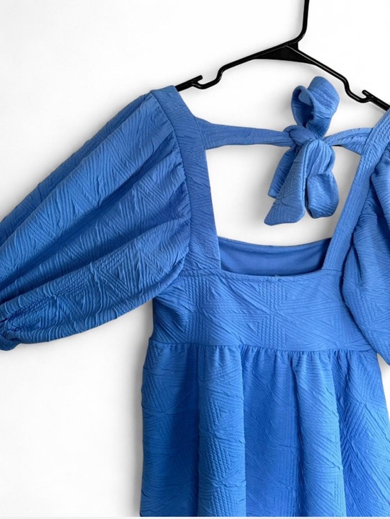 Free People Violet Blue Textured Puff Sleeve Babydoll Mini Dress - Picture 7 of 7